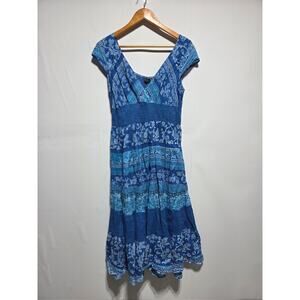 Jane Ashley 100% Cotton Blue Boho Cap Sleeve Midi Length Flowy Dress Size Large